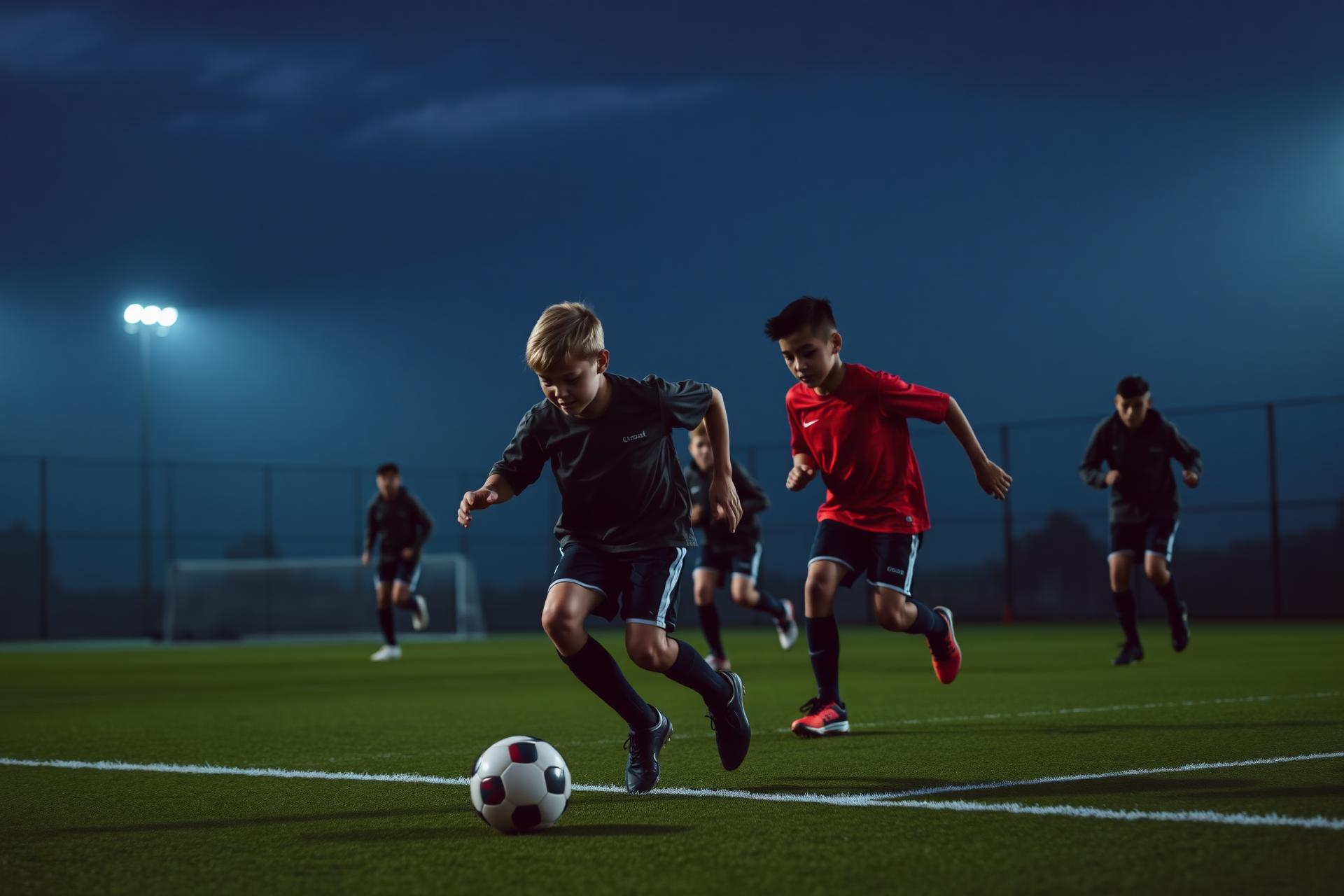 Niños entrenando fútbol en una cancha
